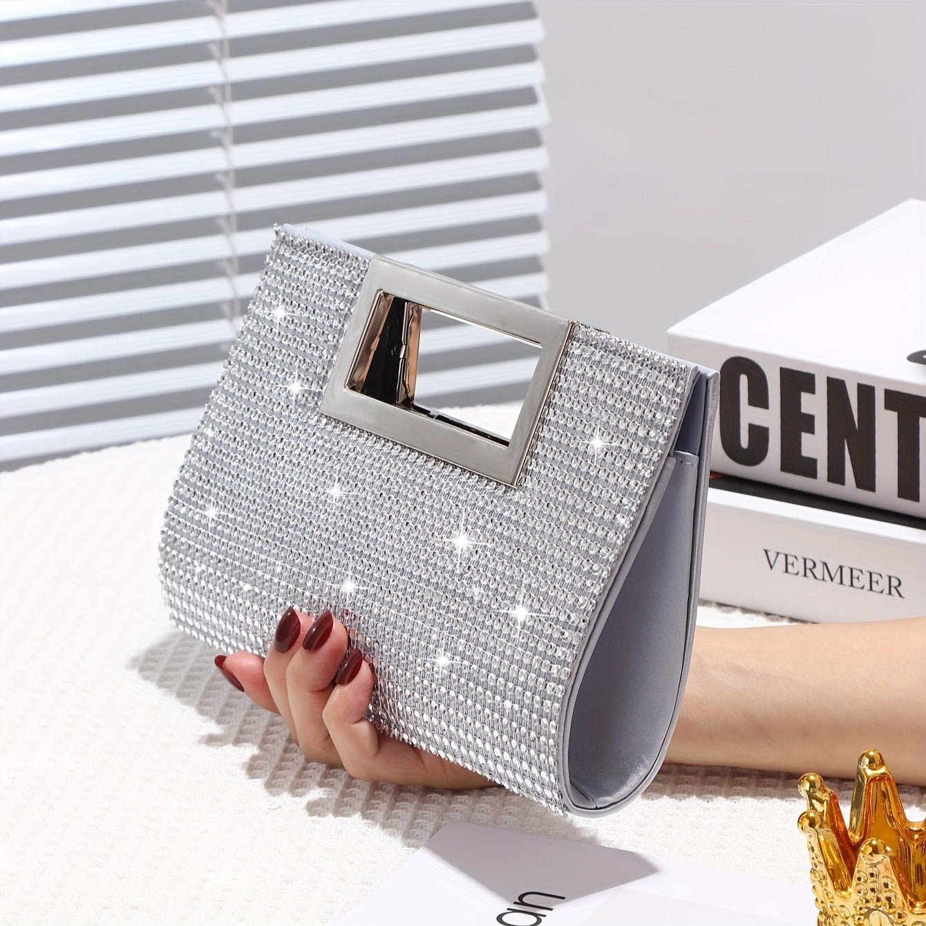 Elegant Square Shiny Rhinestone Handle Clutch Purse, Women's Dress Handbag For Wedding Party Prom Banquet - Perfect for Date night.