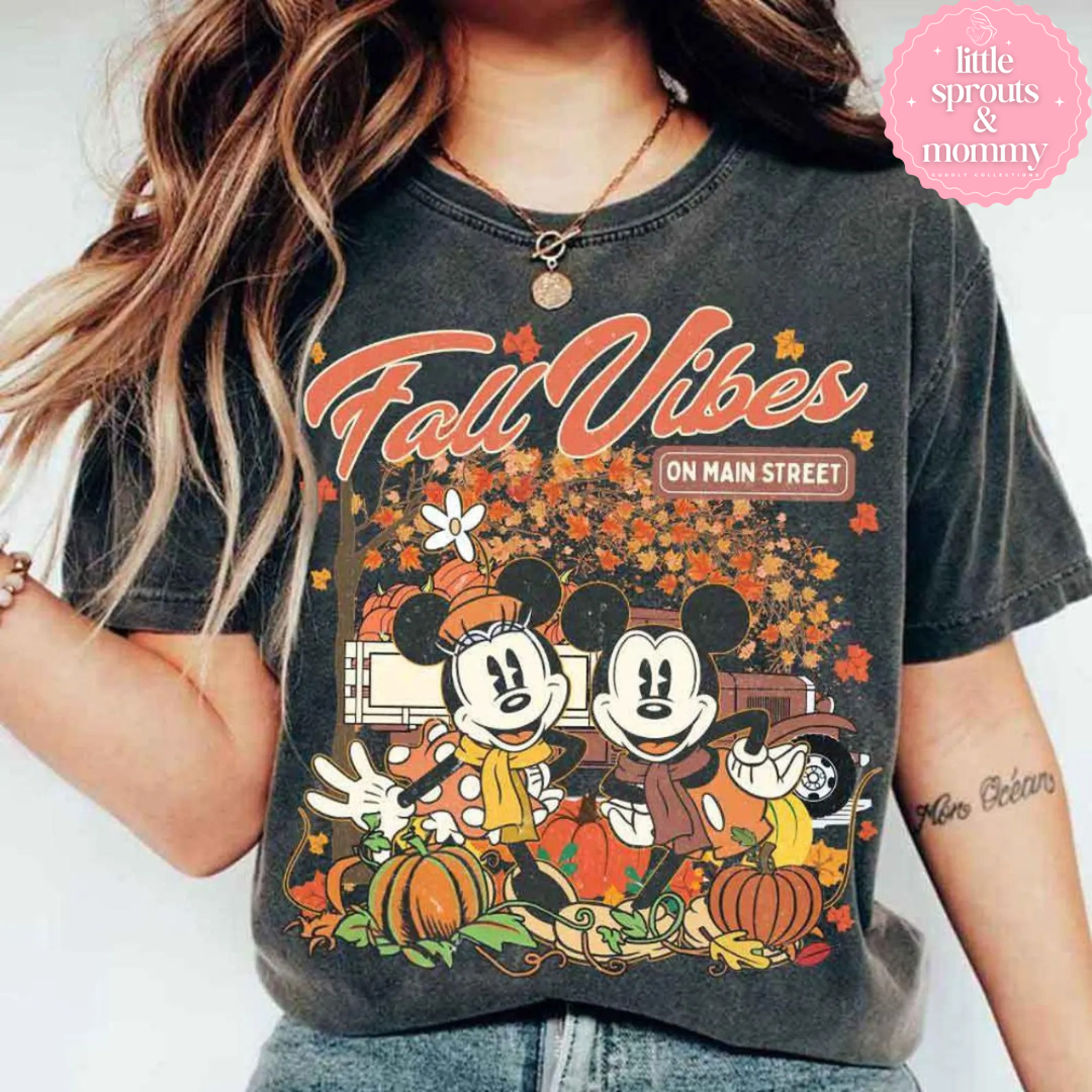 Retro Mickey Minnie Fall Vibes on Main Street Disney Thanksgiving Shirt, Autumn Leaves Pumpkin Spice Spooky Season Shirt, Disney Halloween