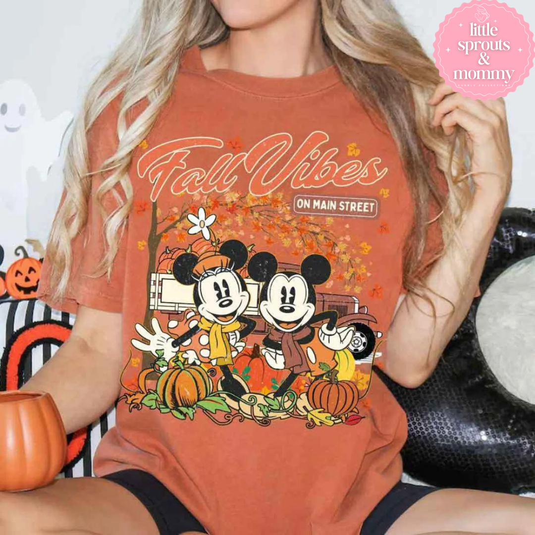 Retro Mickey Minnie Fall Vibes on Main Street Disney Thanksgiving Shirt, Autumn Leaves Pumpkin Spice Spooky Season Shirt, Disney Halloween