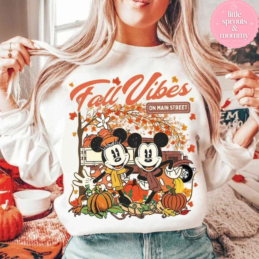 Retro Mickey Minnie Fall Vibes on Main Street Disney Thanksgiving Shirt, Autumn Leaves Pumpkin Spice Spooky Season Shirt, Disney Halloween