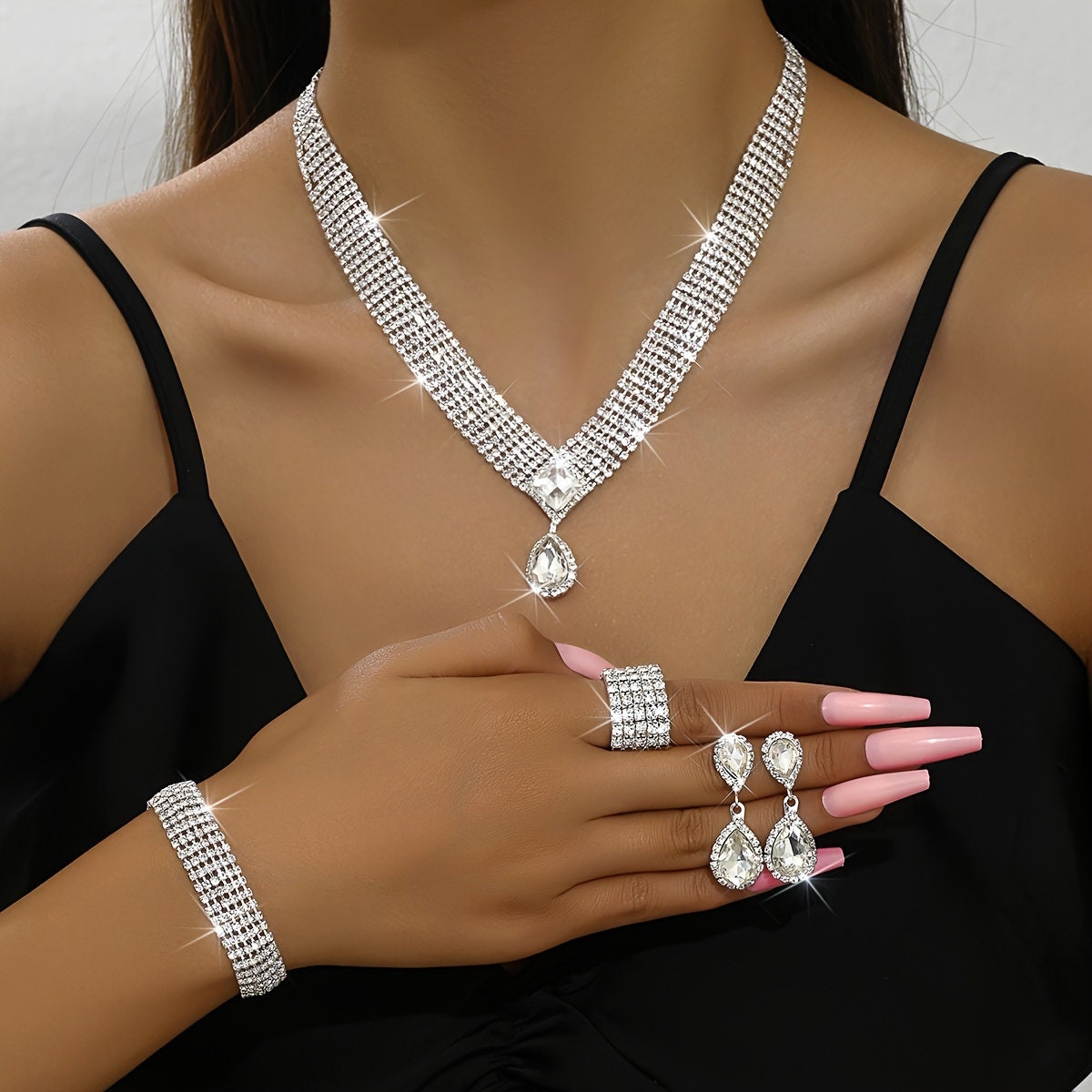1 pair Elegant Rhinestone Jewelry Set for Weddings and Engagements - Includes Earrings, Ring, Necklace, and Bracelet