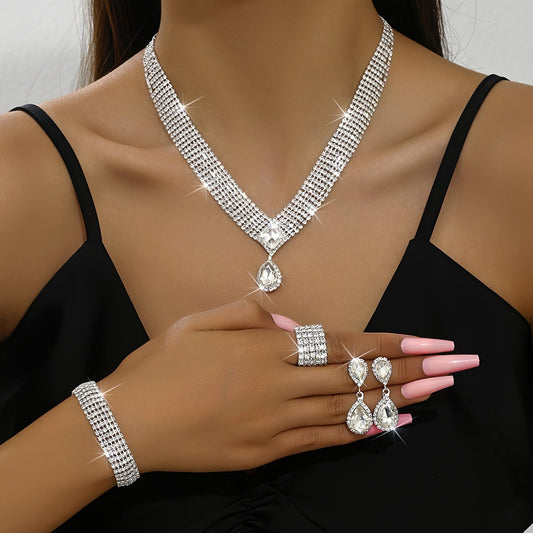 1 pair Elegant Rhinestone Jewelry Set for Weddings and Engagements - Includes Earrings, Ring, Necklace, and Bracelet