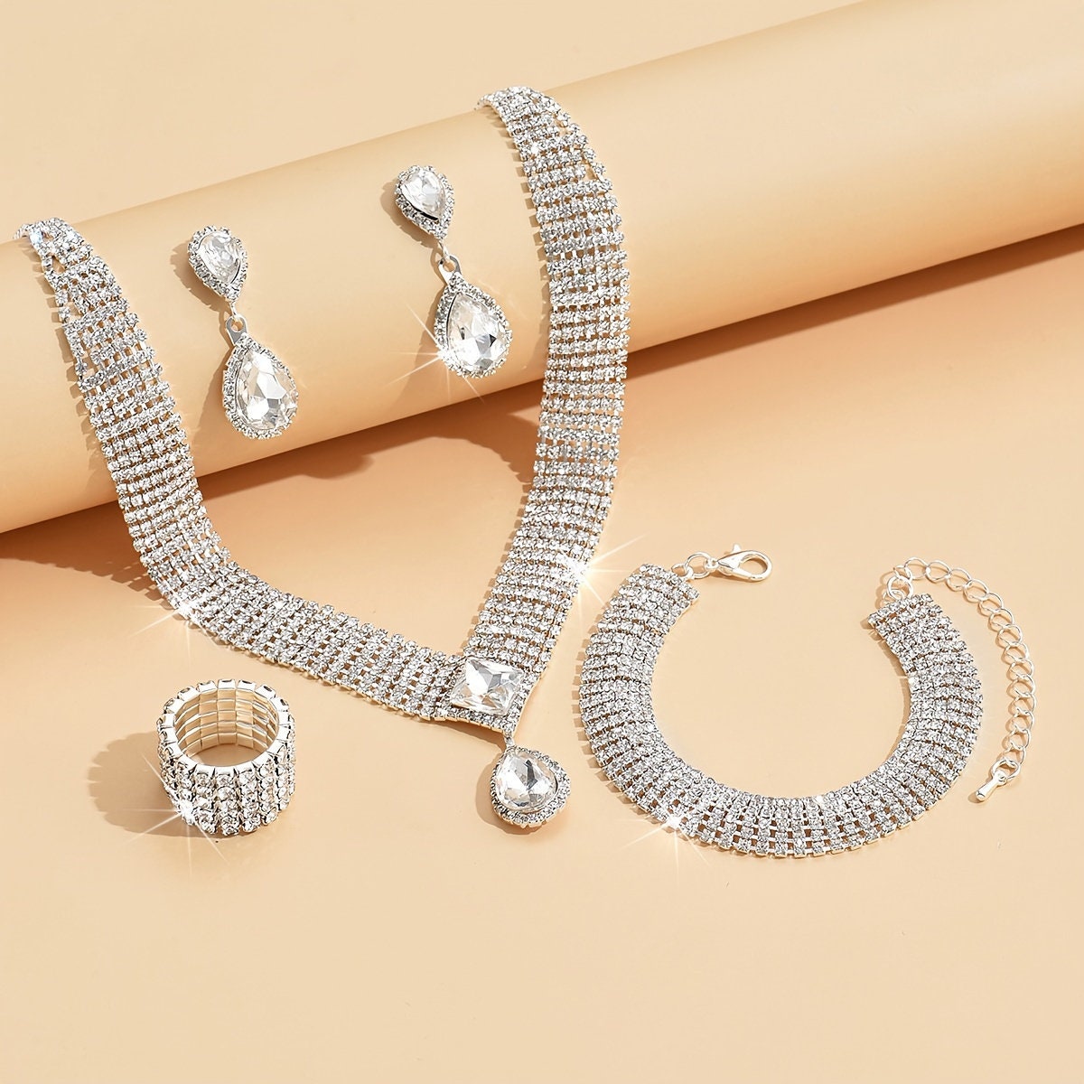 1 pair Elegant Rhinestone Jewelry Set for Weddings and Engagements - Includes Earrings, Ring, Necklace, and Bracelet