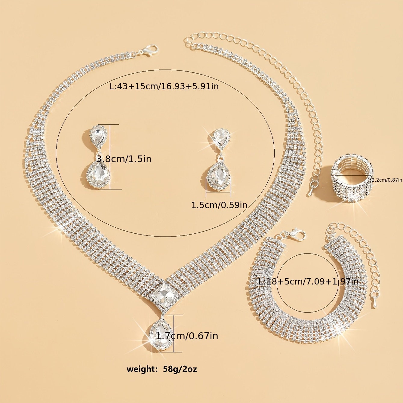 1 pair Elegant Rhinestone Jewelry Set for Weddings and Engagements - Includes Earrings, Ring, Necklace, and Bracelet