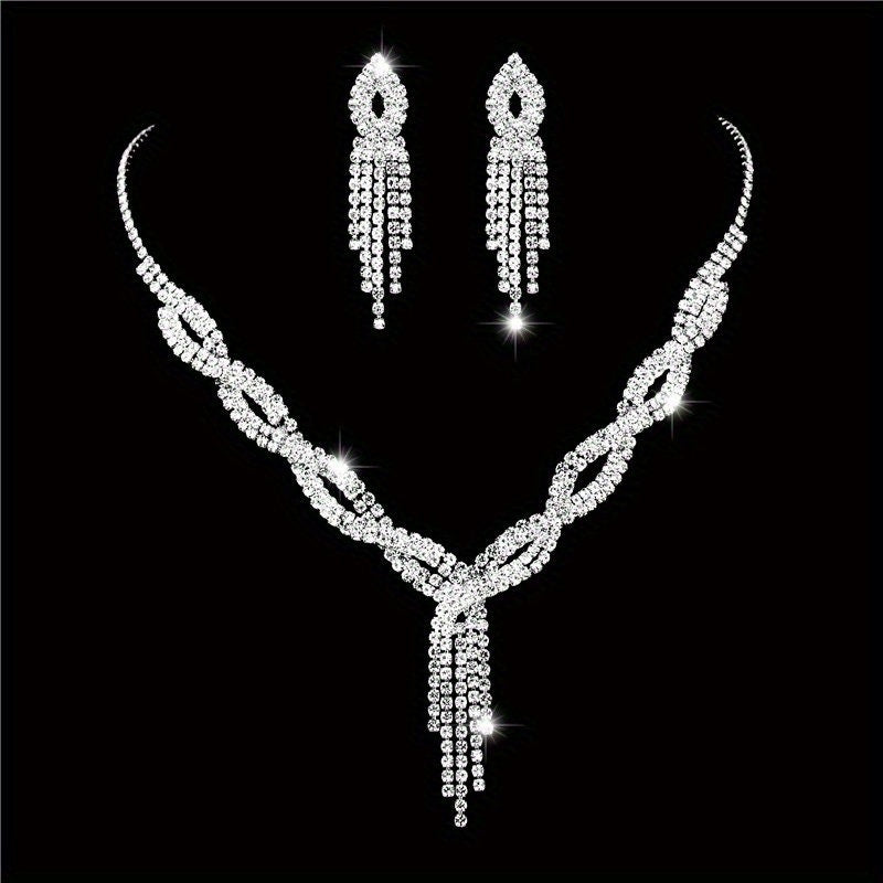 Dangle Earrings + Necklace/Dangle Earrings + Necklace + Bracelet Elegant Jewelry Set Silver Plated Paved Rhinestone Wedding Jewelry