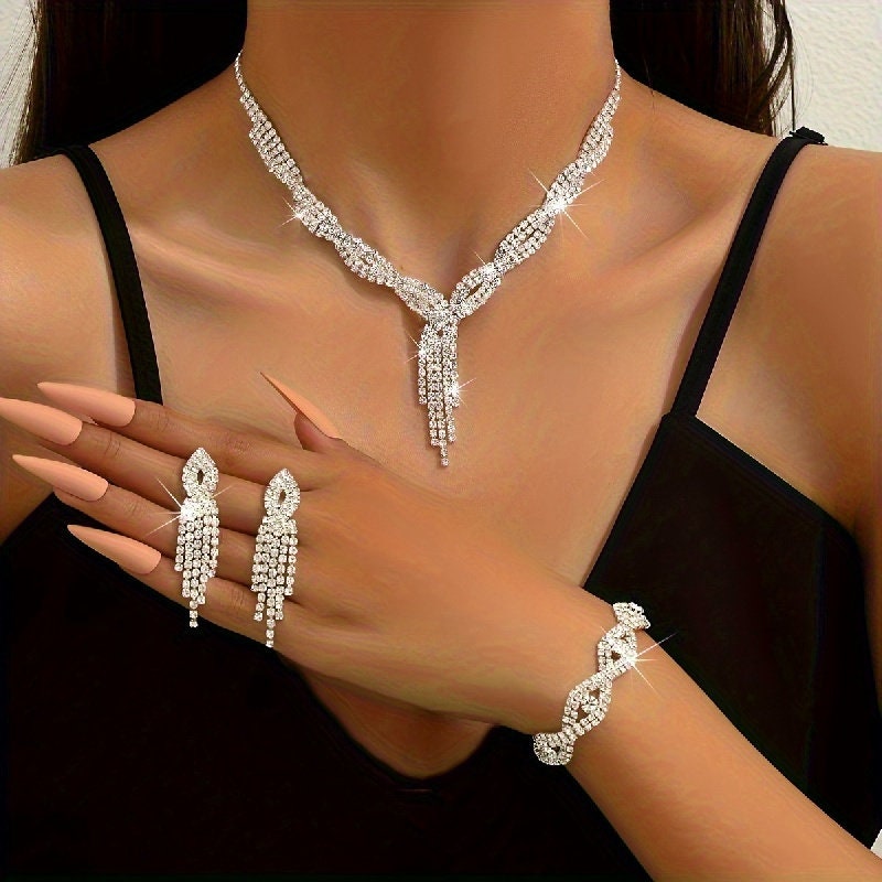 Dangle Earrings + Necklace/Dangle Earrings + Necklace + Bracelet Elegant Jewelry Set Silver Plated Paved Rhinestone Wedding Jewelry