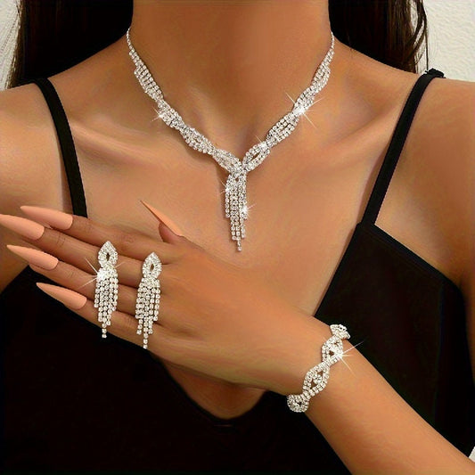 Dangle Earrings + Necklace/Dangle Earrings + Necklace + Bracelet Elegant Jewelry Set Silver Plated Paved Rhinestone Wedding Jewelry