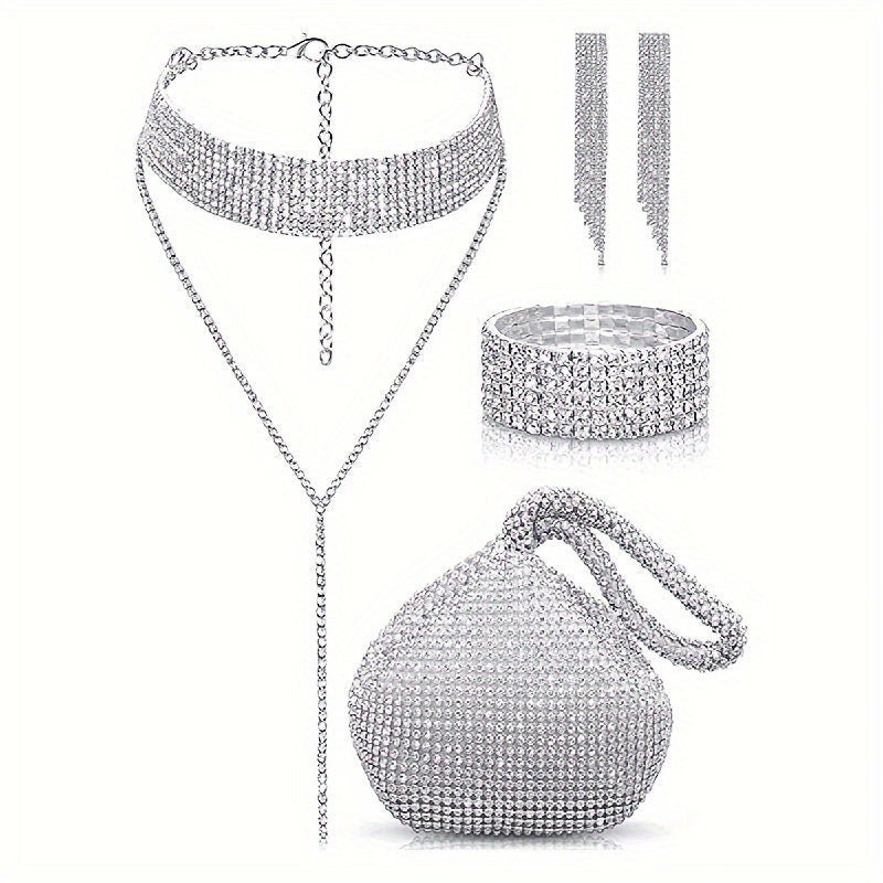 Elegant 4 piece Elegant Rhinestone Evening Bag Set with Matching Jewelry - Perfect for Weddings, Carnivals, Dates and Music Festivals
