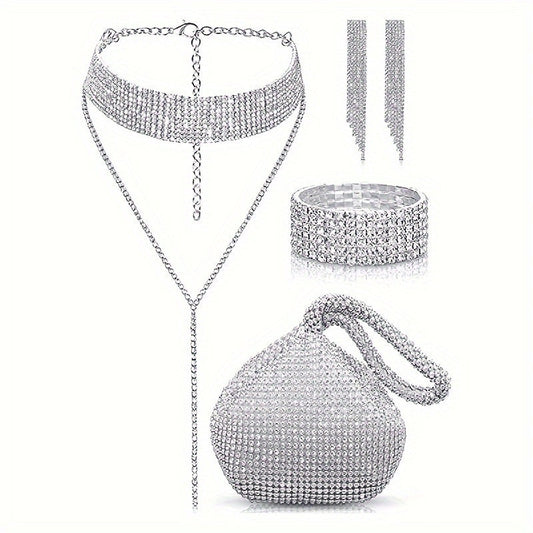 Elegant 4 piece Elegant Rhinestone Evening Bag Set with Matching Jewelry - Perfect for Weddings, Carnivals, Dates and Music Festivals