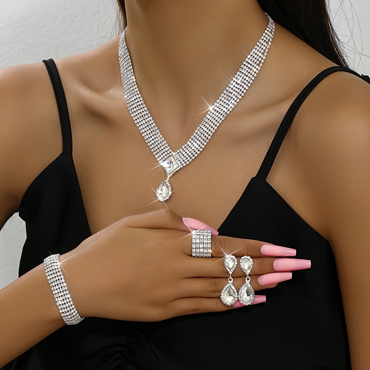 1 pair Elegant Rhinestone Jewelry Set for Weddings and Engagements - Includes Earrings, Ring, Necklace, and Bracelet