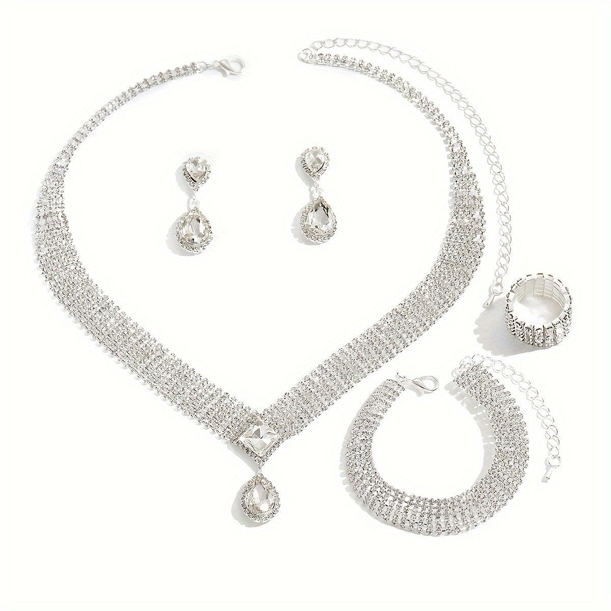 1 pair Elegant Rhinestone Jewelry Set for Weddings and Engagements - Includes Earrings, Ring, Necklace, and Bracelet