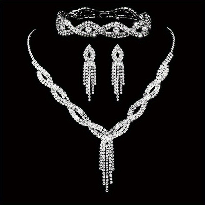 Dangle Earrings + Necklace/Dangle Earrings + Necklace + Bracelet Elegant Jewelry Set Silver Plated Paved Rhinestone Wedding Jewelry
