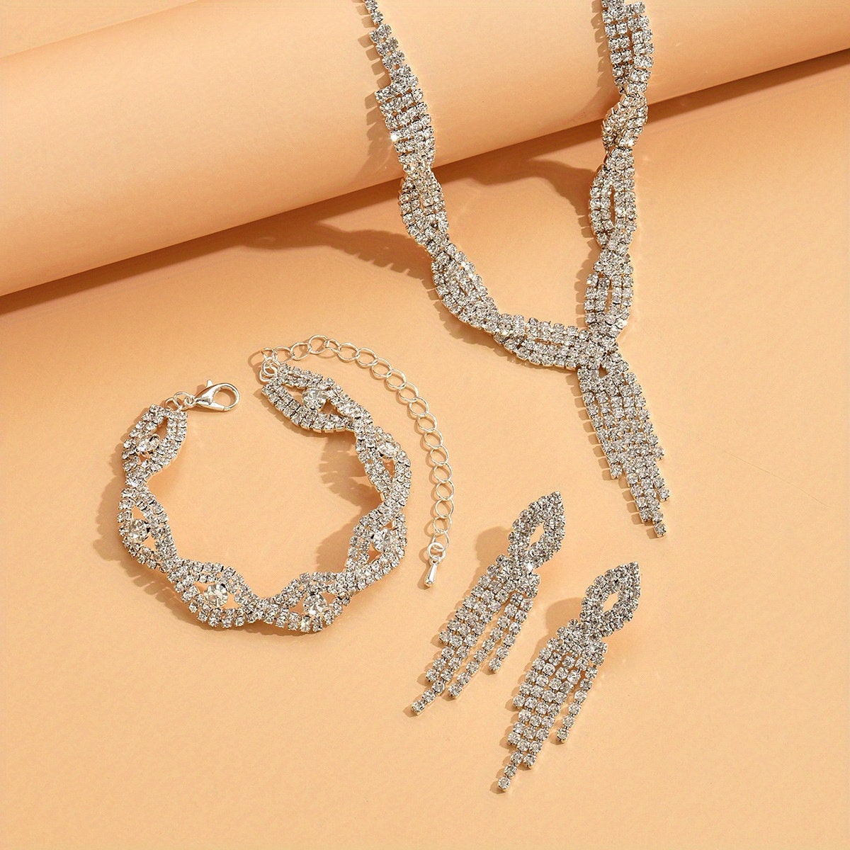 Dangle Earrings + Necklace/Dangle Earrings + Necklace + Bracelet Elegant Jewelry Set Silver Plated Paved Rhinestone Wedding Jewelry