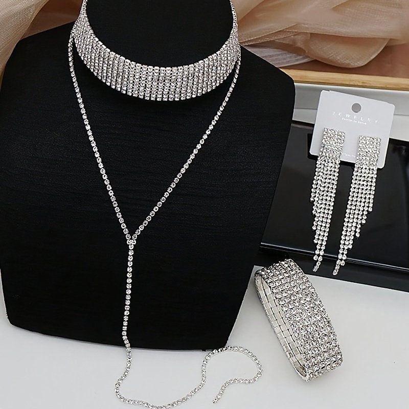 Elegant 4 piece Elegant Rhinestone Evening Bag Set with Matching Jewelry - Perfect for Weddings, Carnivals, Dates and Music Festivals