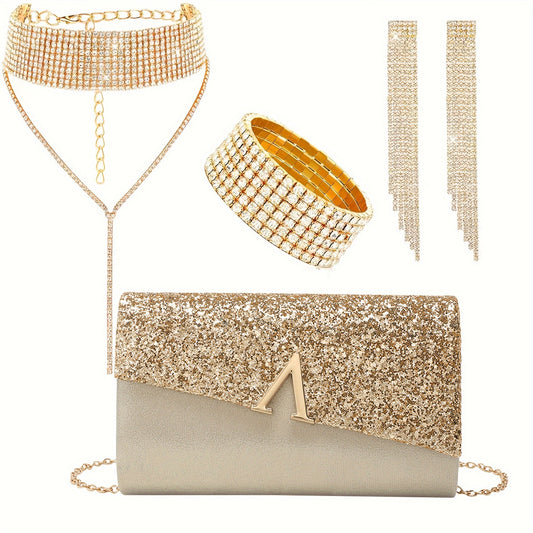 Stylish 4pcs/set Sparkling Envelope Clutch Bag with Rhinestone Accents - Perfect for Formal Events, Date night and Special Occasions