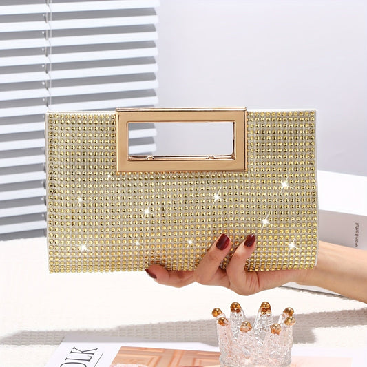 Elegant Square Shiny Rhinestone Handle Clutch Purse, Women's Dress Handbag For Wedding Party Prom Banquet - Perfect for Date night.