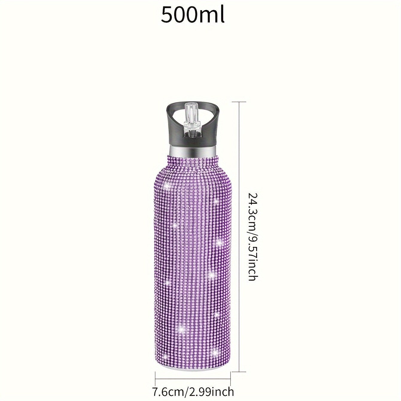 Hot mom Elegant Stylish 500ml Stainless Steel Vacuum Flask with Sparkling Studs, Insulated Water Bottle with Lid for Sports and Outdoor Activities.